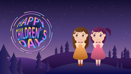 Happy Children's Day.Two little girls stand on a hill full of stars,colorful neon light in the sky.