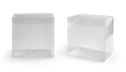 Transparent plastic packaging box isolated on white with clipping path