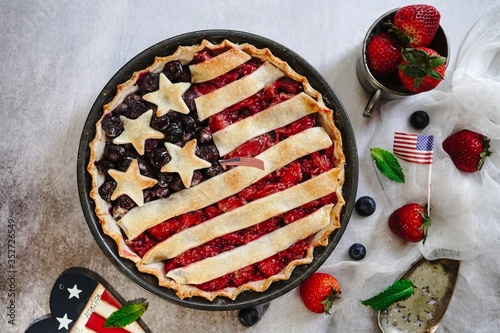 Homemade American Flag Pie / 4th of july Patriotic Food concept