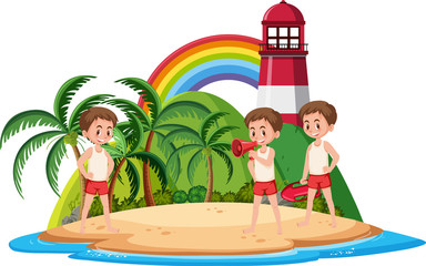 Life guard on the tropical island cartoon character and rainbow on white background