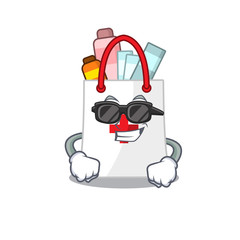 cartoon character of drug shopping bag wearing classy black glasses