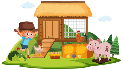 Farm scene with girl and many chickens on the farm