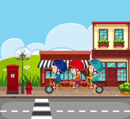 Naklejka premium Background scene with kids riding bike on the sidewalk