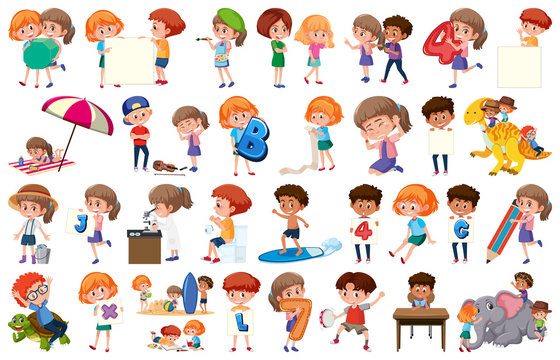Large set of children doing different activities on white background