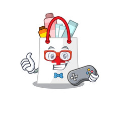 Mascot design style of drug shopping bag gamer playing with controller
