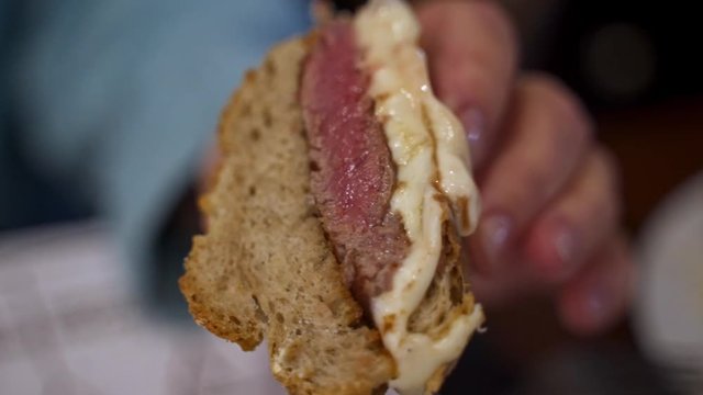 Showing Portuguese Prego Steak Sandwich, Delicious and Close Up