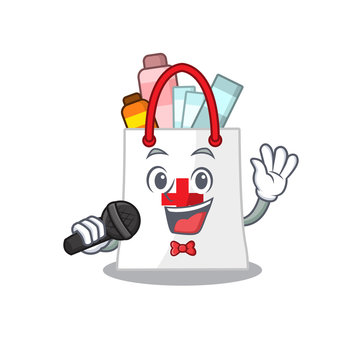 cartoon character of drug shopping bag sing a song with a microphone