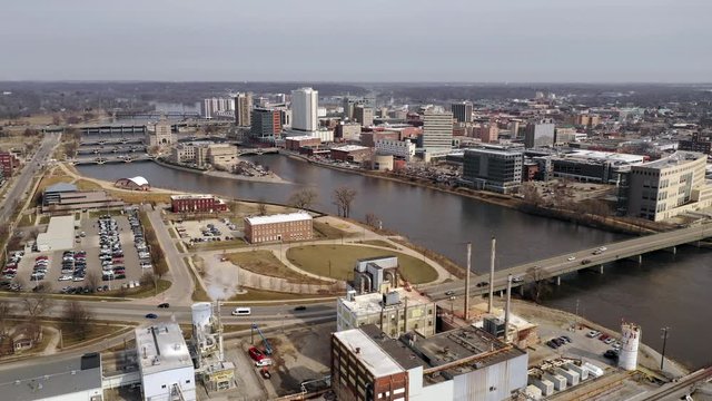 Aerial View Over Cedar Rapids Iowa and the Downtown City Skyline