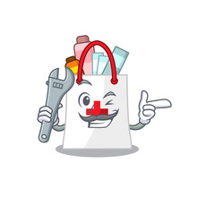 A caricature picture of drug shopping bag working as a mechanic