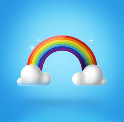 Color rainbow with clouds and stars on blue background