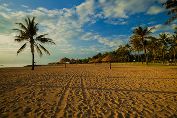 Landscape. Sandy beach with palm trees and umbrellas. Sunrise time. Cloudy sky. Nusa Dua beach, Bali, Indonesia
