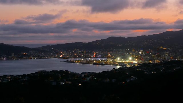 Beautiful Wellington Sunset in New Zealand Red Sky Harbour Views. Right and Left Pan