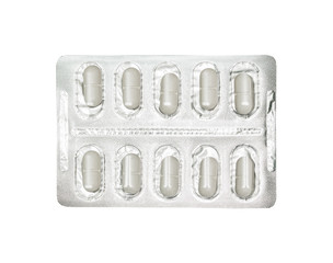 Packing oval white pills, tablets. Isolated on a white.