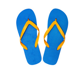 Beach blue flip flops shoes, top view isolated on white.