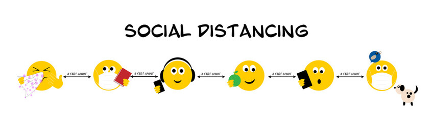 Coronavirus, covid 19, social distancing banner heading, emoji keeping 6 feet apart. Youth concept of coronavirus.