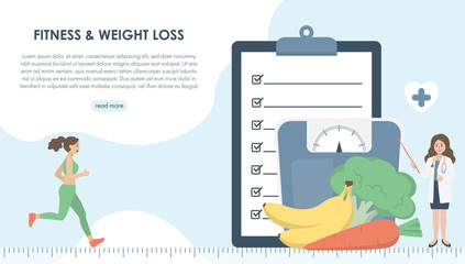 Woman exercise and female nutritionist doctor with clipboard, weight scale, fruit and vegetable. Healthy diet, nutrition consultation and weight loss concept. Cute flat vector illustration. Copy space
