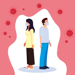 Woman and man with masks and Covid 19 virus vector design