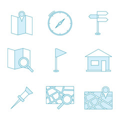 line map icon sets with location, direction, map, find location, home, pin and compass icons in one set