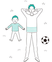 手描き1color　休日の親子寝転ぶ　サッカー　休憩