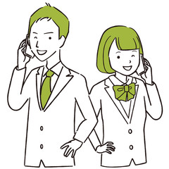 手描き1color　現役高校生中学生の男女　ブレザー　上半身　通話