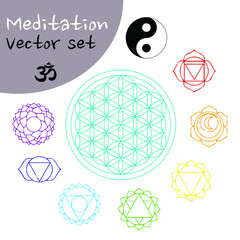 meditation symbol vector set : chakras, flower of life, yin yang, om