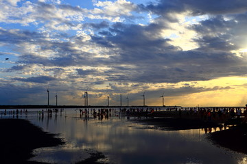 Gaomei wetlands during sunset with wind turbine background in Taiwan Taichung,