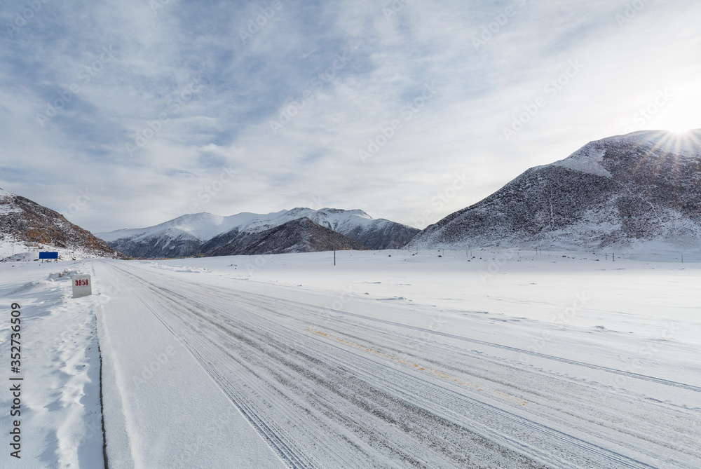 Sticker snowy national highway in tibet