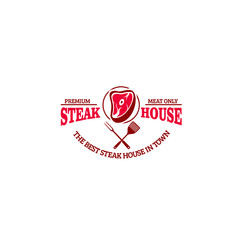 
Beef slices in circle with decorative text, spatula and fork isolated on white background perfect for steak restaurant logo or identity