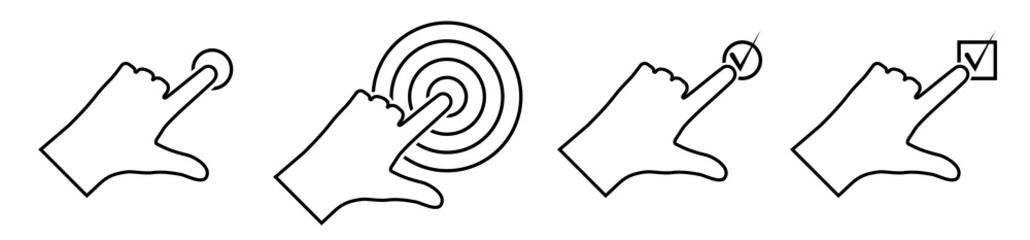 set of windows. Man hand puts a finger on a button, makes a choice. Check mark, a mark about the choice made. Isolated vector on white background