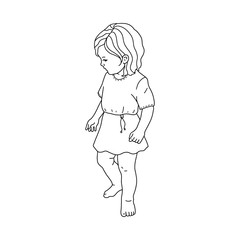 Silhouette of a little girl on a white background. Coloring of contour baby stickers. For preschool, kindergarten, children and adults. Monochrome vector illustration.