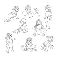 Set of silhouettes of little girls on a white background. Coloring of contour stickers for kids. For preschool, kindergarten, children and adults. Monochrome vector illustration.