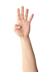 Close up man's hand showing gesture of Number four in sign language isolated on white background. Sign language numbers