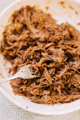 Barbecue Pulled Pork in a Bowl, Shredded with a Fork and Cooked with BBQ Sauce