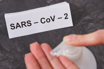 Hands using disinfectant gel with alcohol or soap. Disinfection hands and stop spreading outbreak coronavirus. Covid-19. 2019-nCoV. Sars-cov-2
