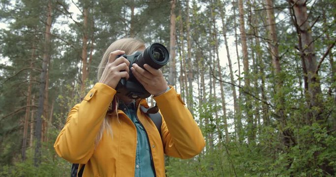 Attractive lady in yellow jacket standing among green trees and taking photos on digital camera. Competent photographer with blond hair discovering new place for shooting at green forest.