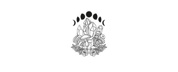 This witchy illustration features the moon phases, crystals, mushrooms, and succulent plants. 