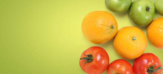 Assortment of fresh fruits, vegetables. tomato oranges  apple