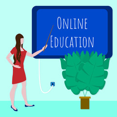 Online Education concept. Beautiful woman with long hair leads distance E-learning webinar training using pointer and large internet whiteboard tablet. Online language or business class. Vector art.