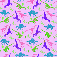 Funny cartoon different colored dinosaurs in flat style. Seamless vector pattern for your design, packaging, fabric, Wallpaper, decoration. Children's seamless pattern
