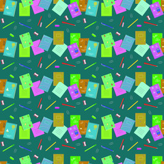 School supplies. Seamless vector pattern for your design, decoration, fabric, Wallpaper. Notebook, textbook, pen