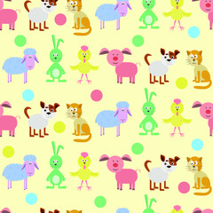 Funny cartoon animals.Seamless vector pattern for your design, decoration, fabric, Wallpaper. Dog, cat, pig, sheep, hare in flat style