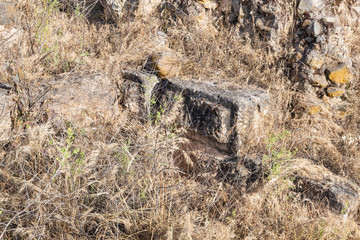 The ruins  of the fortress wall of the Ateret fortress - Metzad Ateret - Qasr Atara - located next to the Gesher Benot Ya'akov bridge on the Jordan River, in northern Israel
