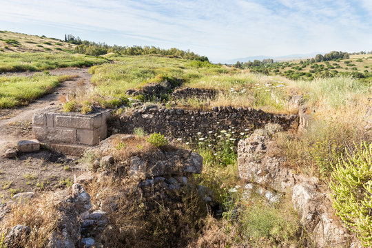 The ruins  of the fortress wall of the Ateret fortress - Metzad Ateret - Qasr Atara - located next to the Gesher Benot Ya'akov bridge on the Jordan River, in northern Israel
