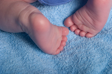 newborn baby feet on a blue blanket