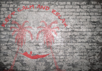 Grunge decayed faded brick wall background with woman relaxing in a hammock and keep calm and relax message