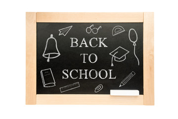Blackboard with text back to school and drawings. School Board in wooden frame isolated on white background.