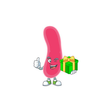 Happy smiley fusobacteria cartoon mascot design with a gift box