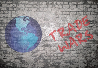 Grunge decayed faded brick wall background with planet earth and economic trade wars