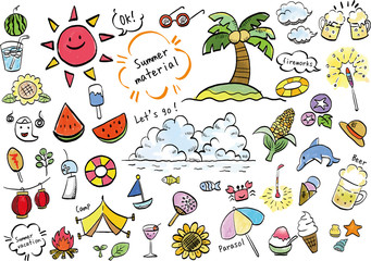 夏：夏　線画　セット　イラスト　手書き　ベクター　アイコン　かわいい　水彩　油彩　ふきだし
