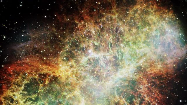 Flight Into the Crab Nebula/Pulsar supernova galaxy animation. Traveling through star fields and galaxies in deep space. Elements of this image furnished by NASA. 4K 3D animation rendered.
